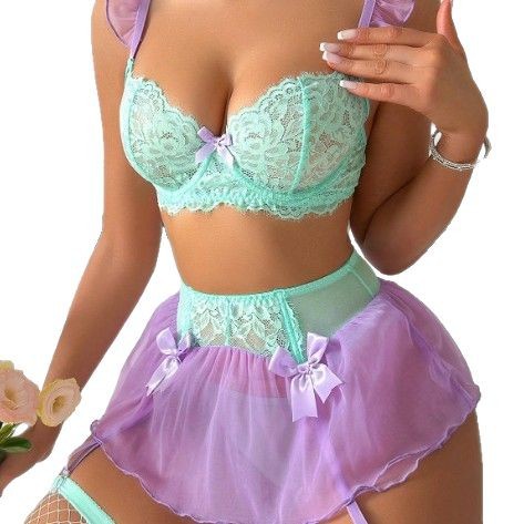 Lace Bralette Set - ชุดชั้นในเซ็กซี่ลูกไม้ปักลายโบว์ ชุดบราและจีสตริง สำหรับงานปาร์ตี้ คลับ ชุดคอสตูมเซ็กซี่สำหรับผู้หญิง